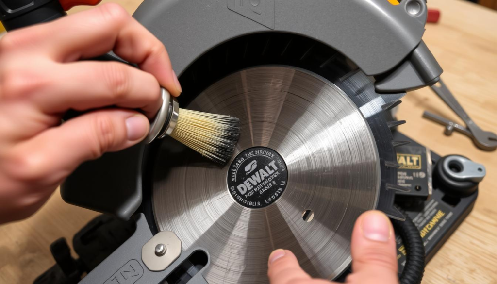 A well-lit, detailed close-up of a DEWALT chop saw being carefully maintained. The saw's blade is partially exposed, with one hand using a brush to clean the teeth while the other hand holds a small can of blade lubricant. The workspace is clean and organized, with a few basic tools like a wrench and screwdriver visible in the background. The image conveys a sense of precision and care, highlighting the importance of proper maintenance for ensuring the saw's peak performance and safety.