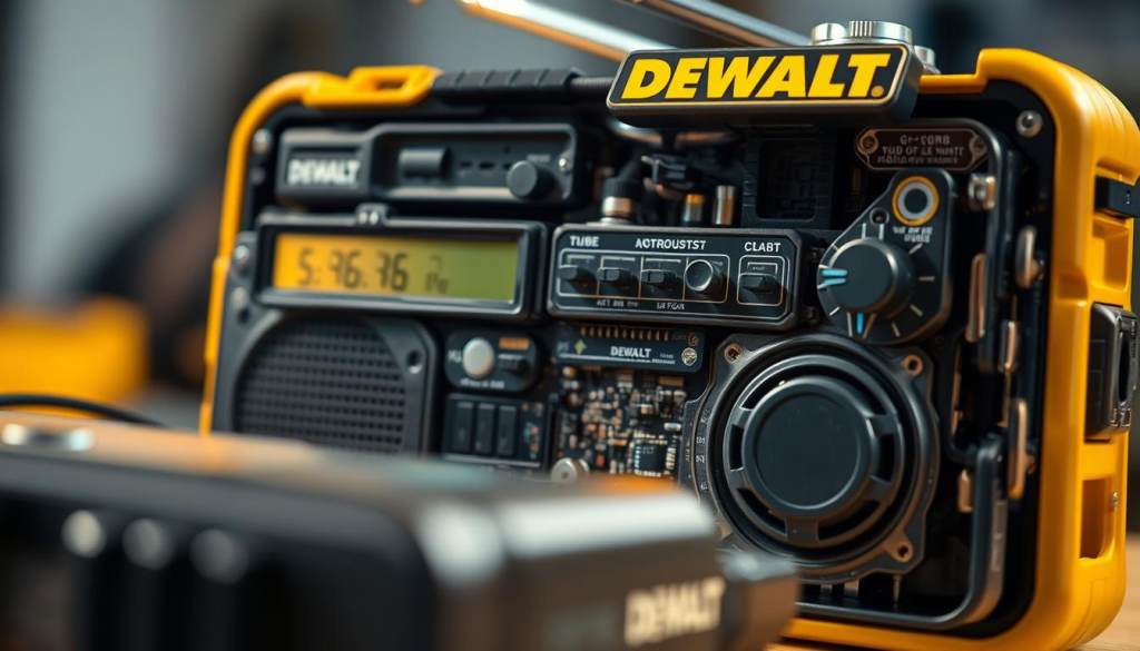 A well-lit, detailed close-up shot of a DEWALT radio showcasing its internal components and maintenance-related features. The radio is disassembled, revealing its circuit board, speakers, and other intricate parts. The lighting is soft and diffused, casting gentle shadows that highlight the radio's industrial design. The foreground is in sharp focus, while the background is slightly blurred, emphasizing the technical nature of the subject. The overall mood is one of precision, functionality, and the importance of proper maintenance for optimal performance.