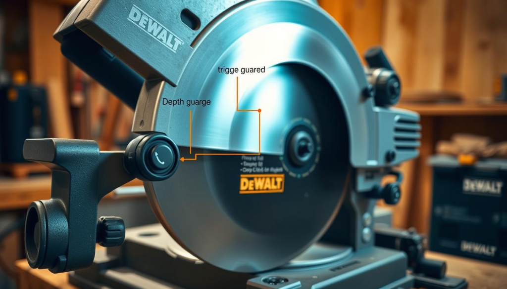 A well-lit, detailed close-up view of a DEWALT chop saw showcasing its key safety features. The saw is positioned on a sturdy wooden workbench, its metal body gleaming under a warm, diffused light. In the foreground, the blade guard and trigger switch are prominently displayed, highlighting the saw's intuitive safety mechanisms. The middle ground reveals the precision depth gauge and bevel adjustment controls, while the background shows the robust clamping system and stable base, instilling a sense of rugged dependability. The composition emphasizes the saw's robust construction and thoughtful safety design, creating an informative and visually compelling image.