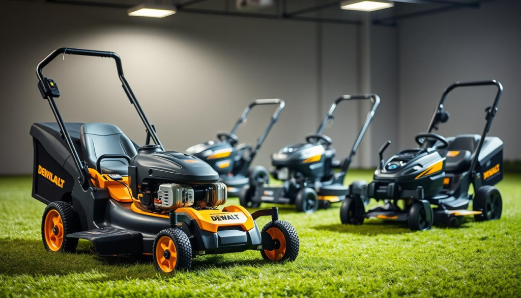 A well-lit, detailed comparison of DEWALT lawn mowers against other leading brands, showcased in a professional, technical setting. The foreground features the DEWALT model prominently, its sleek design and robust construction standing out. The middle ground includes other mower models, strategically positioned for side-by-side evaluation. The background depicts a neatly manicured lawn, providing context and highlighting the mowers' performance capabilities. Crisp lighting from multiple angles emphasizes the mowers' features, while a shallow depth of field draws the viewer's attention to the central DEWALT model. The overall mood is one of authority and expertise, befitting a comprehensive comparison of premium lawn care equipment.