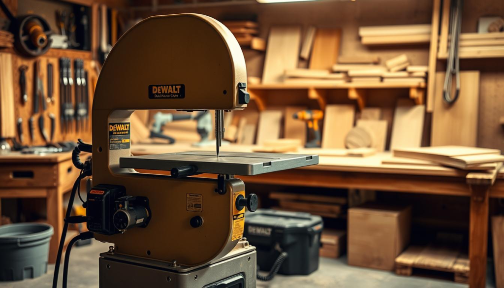 A well-lit, detailed depiction of a DEWALT bandsaw in a professional woodworking workshop. The bandsaw is positioned prominently in the foreground, its sturdy steel construction and precise blade glistening under warm, directional lighting. The middle ground features a tidy workbench with various hand tools, while the background showcases an array of wooden workpieces and shelves, suggesting the versatility and power of this essential woodworking tool. The overall scene conveys a sense of quality craftsmanship, efficiency, and the perfect tool for accurate, clean cuts in a variety of woodworking projects.
