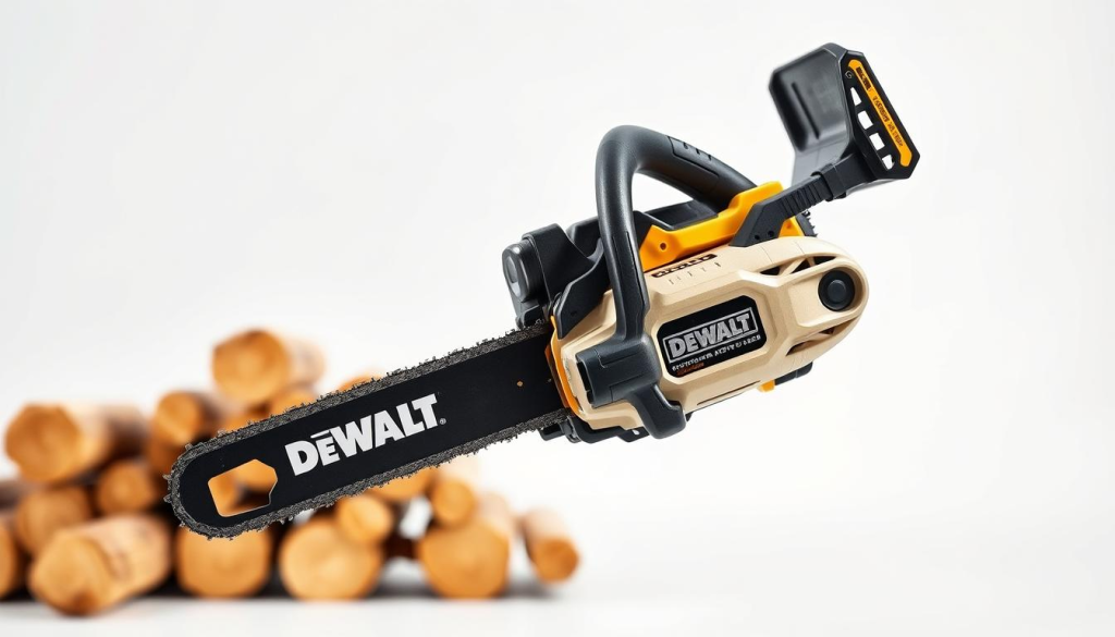 A well-lit, detailed image of a DeWalt cordless chainsaw against a clean, white background. The chainsaw is positioned in the foreground, showcasing its robust construction, sleek design, and powerful battery-powered motor. The middle ground features neatly stacked wooden logs, hinting at the saw's impressive cutting capabilities. The background is softly blurred, drawing the viewer's attention to the chainsaw's key features, such as its ergonomic handle, safety guard, and brushless motor technology. The overall composition and lighting evoke a sense of professionalism, reliability, and the tool's ability to tackle demanding woodcutting tasks with ease.