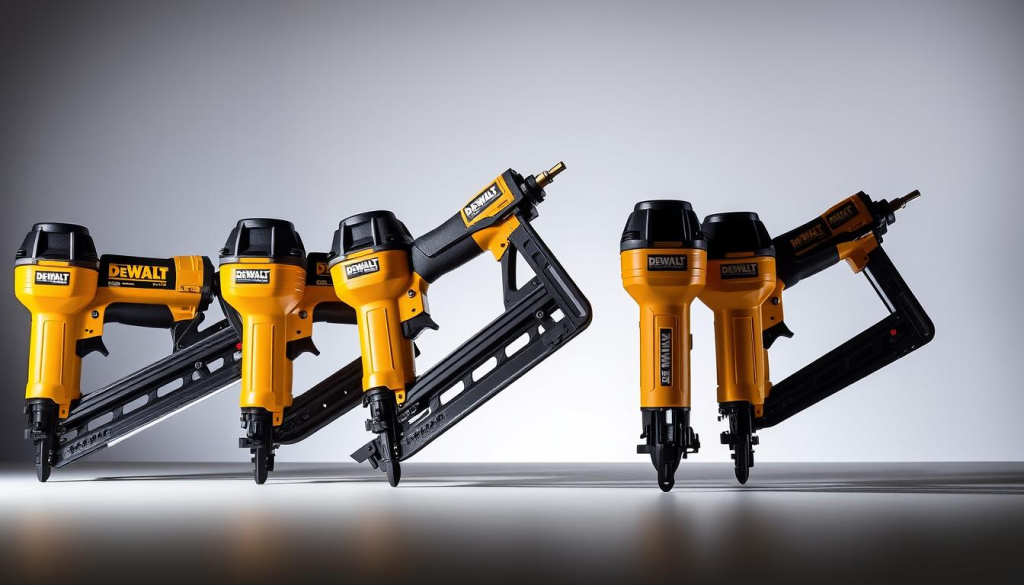 A well-lit, detailed lineup of several Dewalt framing nailer models, showcased against a clean, minimalist background. The nailers are prominently displayed, each with its distinct design and features visible. The image captures the precision and durability of these tools, conveying a sense of professional-grade quality. Subtle shadows and reflections add depth and dimensionality, while the overall composition and lighting create a visually striking and informative representation of the Dewalt framing nailer lineup.
