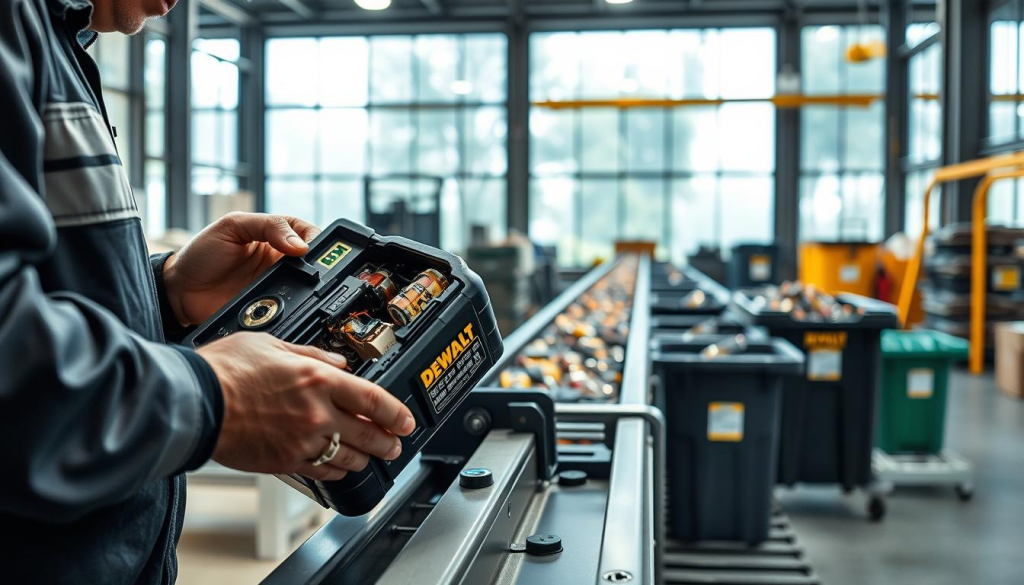 A well-lit, detailed scene showcasing a DEWALT battery recycling station. In the foreground, a worker carefully disassembles a used DEWALT battery pack, revealing its internal components. In the middle ground, a conveyor belt transports the sorted materials to a series of specialized recycling bins. The background features a modern, eco-friendly facility with large windows, allowing natural light to flood the space. The lighting is soft and even, creating a sense of professionalism and environmental responsibility. The overall atmosphere conveys DEWALT's commitment to sustainable practices and reducing its carbon footprint.