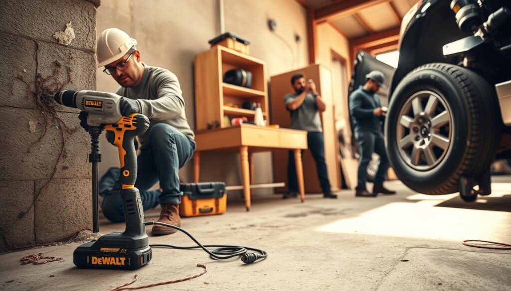 A well-lit, detailed scene showcasing the diverse applications of a DEWALT drill set. In the foreground, a professional contractor drilling into concrete wall, power tool in hand. In the middle ground, a DIY enthusiast assembling furniture, drill firmly gripped. In the background, an auto mechanic using a DEWALT drill to remove a car's tire. Warm, natural lighting casts long shadows, highlighting the rugged, industrial aesthetic. Crisp, high-resolution imagery captured with a wide-angle lens to capture the full scope of the scene. An atmosphere of productivity, efficiency and versatility, reflecting the capabilities of the DEWALT drill set.