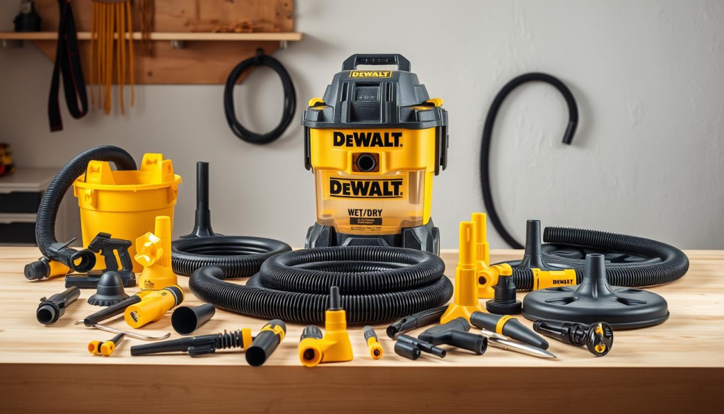A well-lit, detailed still life image of a variety of DEWALT shop vac accessories laid out on a clean, wooden workbench. In the foreground, an assortment of hoses, nozzles, and attachments in the distinctive DEWALT yellow and black color scheme. In the middle ground, a DEWALT wet/dry shop vac with a clear transparent collection tank, showcasing its robust construction. The background features a clean, clutter-free environment with soft shadows and subtle highlights, emphasizing the high-quality, professional-grade nature of the DEWALT shop vac system.