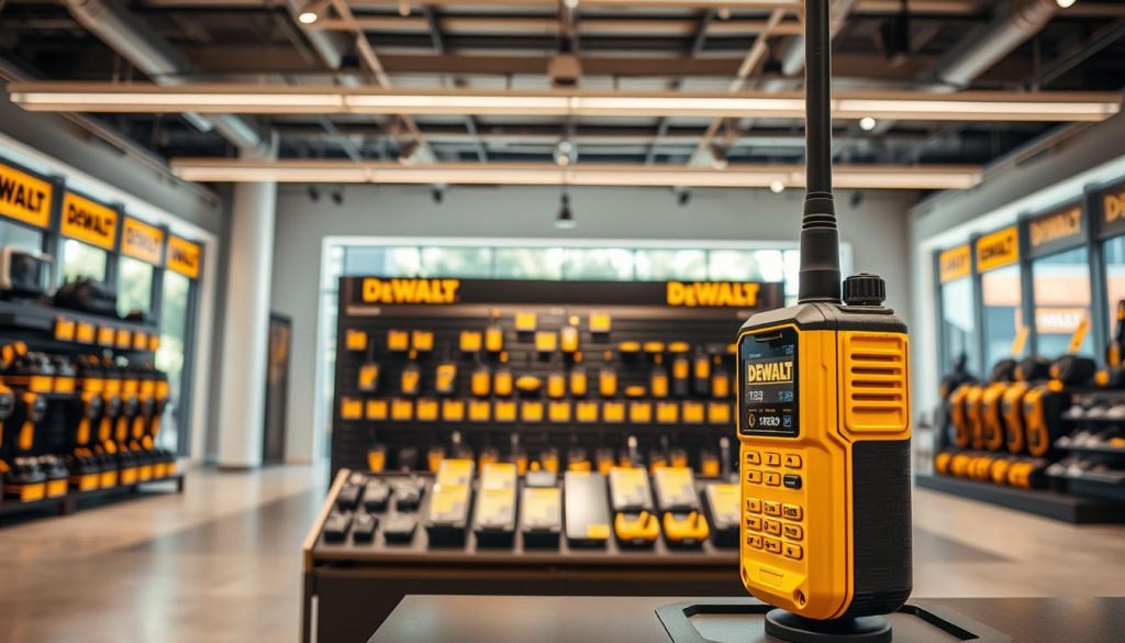 A well-lit, expansive retail display showcasing the DEWALT radio lineup. In the foreground, the latest radio model is prominently featured, its sleek black and yellow design gleaming under warm, directional lighting. The middle ground features an array of radio variants, each neatly organized and labeled. In the background, a clean, modern storefront environment with large windows allows natural light to filter in, creating a bright, inviting atmosphere. The overall scene conveys a sense of high-quality, professional-grade electronics available for purchase.