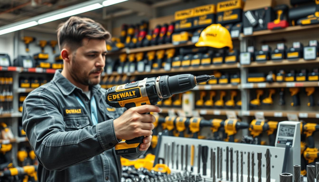A well-lit hardware store setting, showcasing an assortment of hammer drills on display. In the foreground, a professional contractor examines the features of a DEWALT hammer drill, inspecting the powerful motor, robust construction, and ergonomic grip. The middle ground depicts various drilling accessories and bits, highlighting the versatility of the tool. The background features shelves stocked with a wide range of DEWALT power tools, creating a sense of a comprehensive, high-quality product lineup. The overall scene conveys the expertise and consideration required when choosing the right hammer drill for a specific project, reflecting the article's focus on making an informed decision.