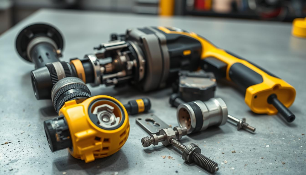 A well-lit, high-angle close-up shot of a DEWALT hammer drill disassembled on a clean, gray workshop surface, revealing its internal components. The various parts, such as the chuck, gears, and motor, are neatly arranged in the foreground, showcasing the drill's intricate engineering. The background is slightly blurred, creating a sense of focus on the troubleshooting process. The lighting is soft and diffused, highlighting the textures and details of the drill's metallic components. The overall mood is one of technical precision and problem-solving, reflecting the "Common Problems and Solutions" section of the article.