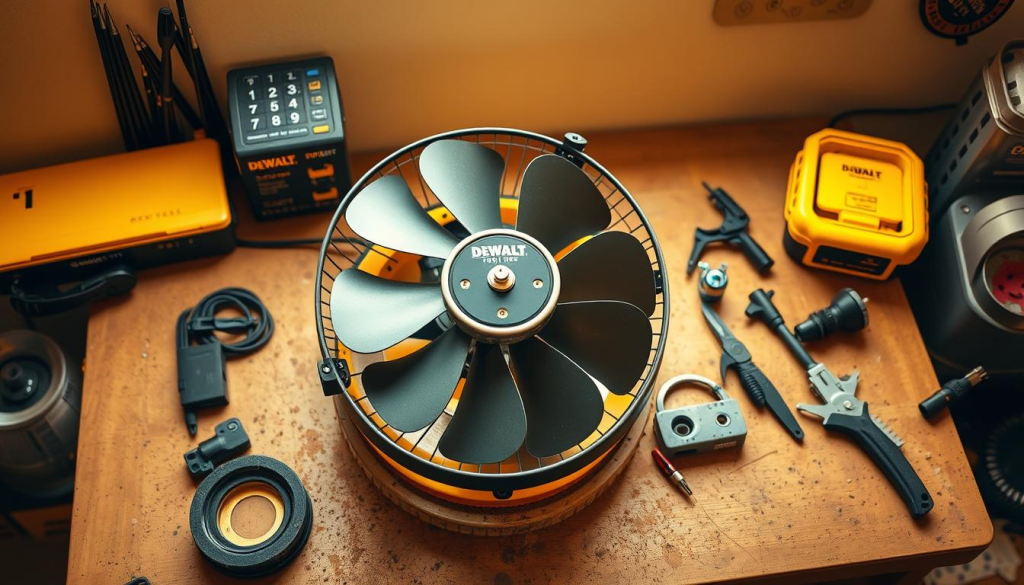 A well-lit, high-angle photograph of a DEWALT fan disassembled on a clean, organized workbench. The fan's components are neatly arranged, showcasing their intricate details. The image has a technical, instructional feel, with a focus on the maintenance process. Warm, directional lighting illuminates the scene, casting soft shadows that accentuate the fan's mechanical parts. The background is subtly blurred, keeping the viewer's attention on the fan's inner workings. The overall mood is one of precision, expertise, and a dedication to proper maintenance practices.