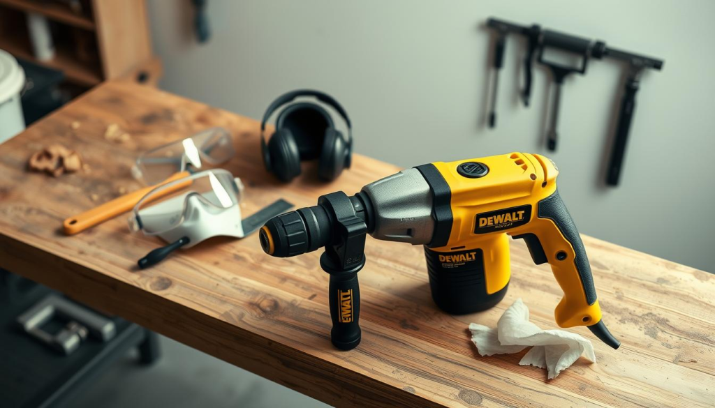 A well-lit, high-angle shot of a DEWALT hammer drill resting on a sturdy workbench. The drill is positioned prominently in the foreground, its yellow and black casing gleaming under soft, diffused lighting. In the middle ground, safety goggles, ear protection, and a dust mask are neatly arranged, emphasizing the importance of personal protective equipment. The background features a clean, minimalist workspace, with tools and materials organized in a way that suggests a focus on safety and efficiency. The overall mood is one of professionalism and attention to detail, reflecting the reliable power and responsible use of the DEWALT hammer drill.