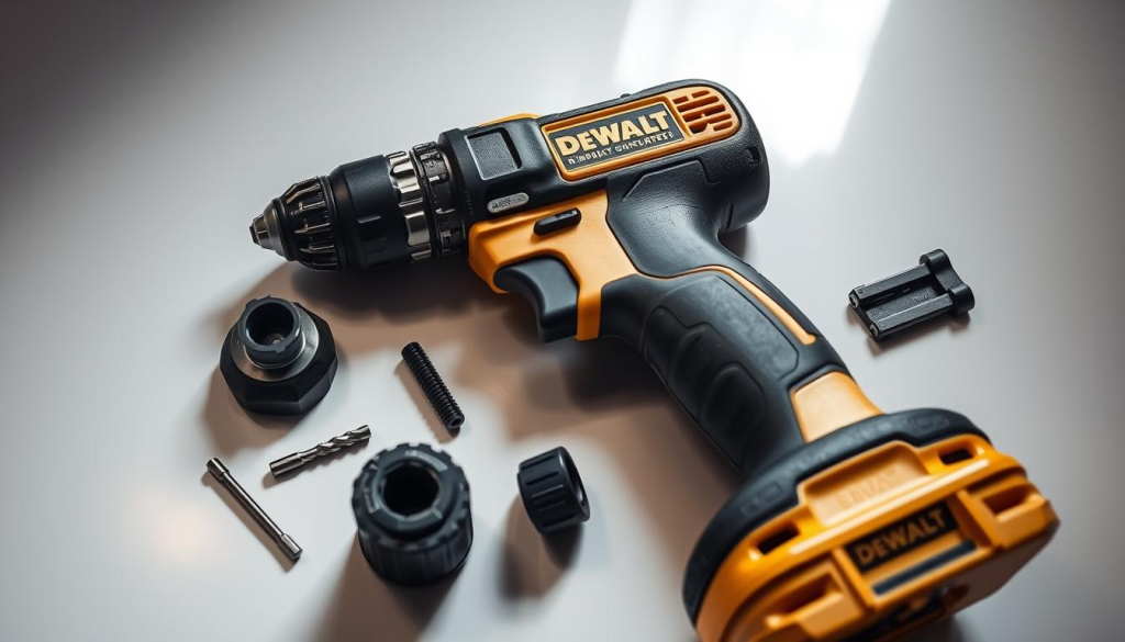 A well-lit, high-angle studio shot of a disassembled DEWALT impact driver, its components neatly arranged on a clean, reflective surface. The driver's body, chuck, and internal mechanisms are prominently displayed, showcasing the intricate engineering. Soft shadows and a shallow depth of field create a sense of focus on the maintenance process. The overall mood is one of precision, attention to detail, and a professional approach to tool upkeep.