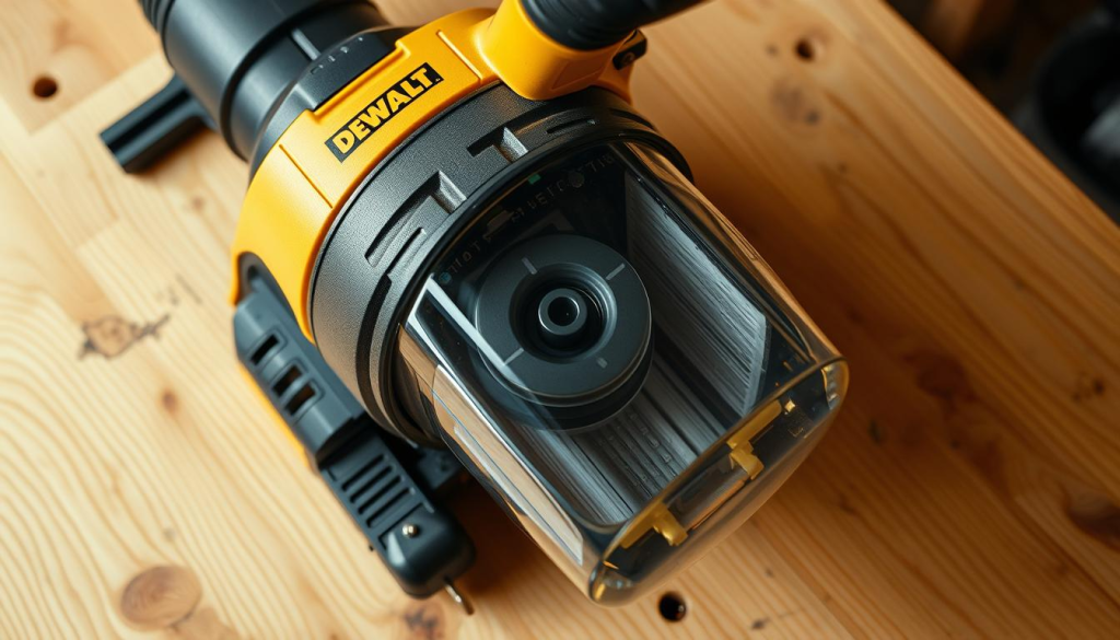 A well-lit, high-angle view of a DEWALT cordless vacuum undergoing routine maintenance. The vacuum's brushless motor, dust bin, and filter components are prominently displayed on a clean, wooden workbench. Soft shadows and highlights accentuate the sleek, industrial design. The scene evokes a sense of care and attention to detail, as if preparing the tool for its next effective cleaning session. Warm, neutral tones create a professional, workshop-like atmosphere.