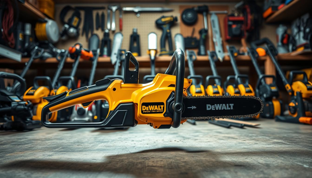 A well-lit, high-angle view of a DeWalt 20V cordless chainsaw standing prominently in the foreground, its powerful form and sleek black-and-yellow design commanding attention. In the middle ground, an array of other chainsaws, including gas-powered and corded electric models, arranged for comparison. The background features a workshop setting, with tools and workbenches providing context. The lighting is soft and diffused, accentuating the textures and materials of the various chainsaws. The overall composition emphasizes the DeWalt's advanced features and performance capabilities compared to its competitors.