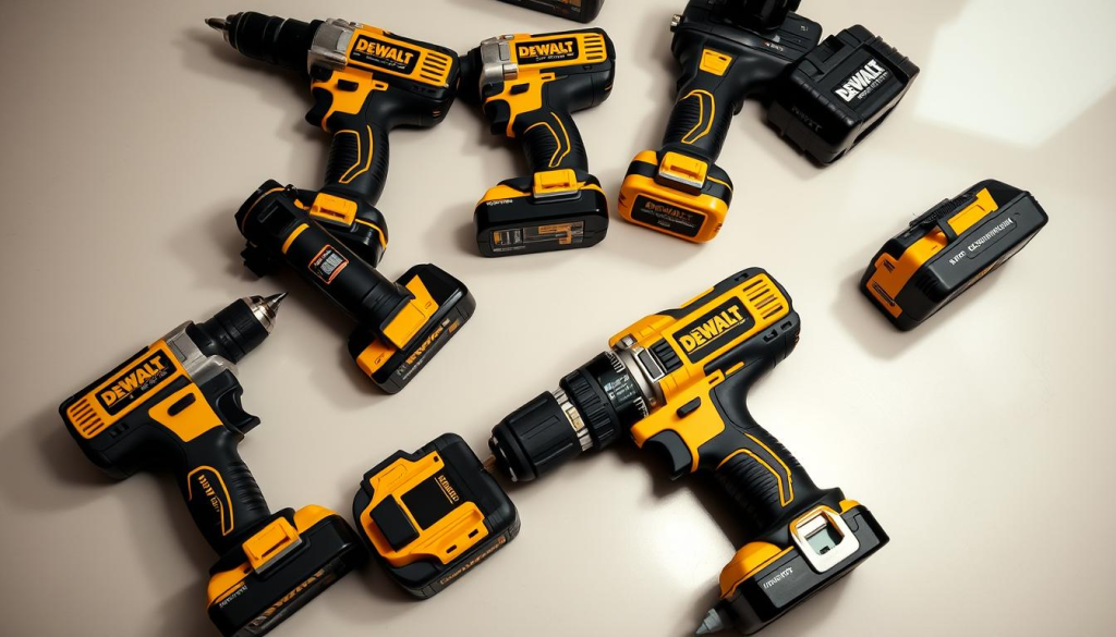 A well-lit, high-angle view of a carefully curated collection of DEWALT cordless power drills, showcasing their sleek design, rugged construction, and professional-grade features. The drills are arranged on a clean, neutral-toned surface, with a subtle reflection creating a sense of depth and sophistication. Soft, directional lighting emphasizes the tools' metallic accents and textured grips, highlighting their quality and precision. The overall composition conveys a sense of confidence, reliability, and the versatility of the DEWALT tool set, suitable for a wide range of DIY and professional applications.