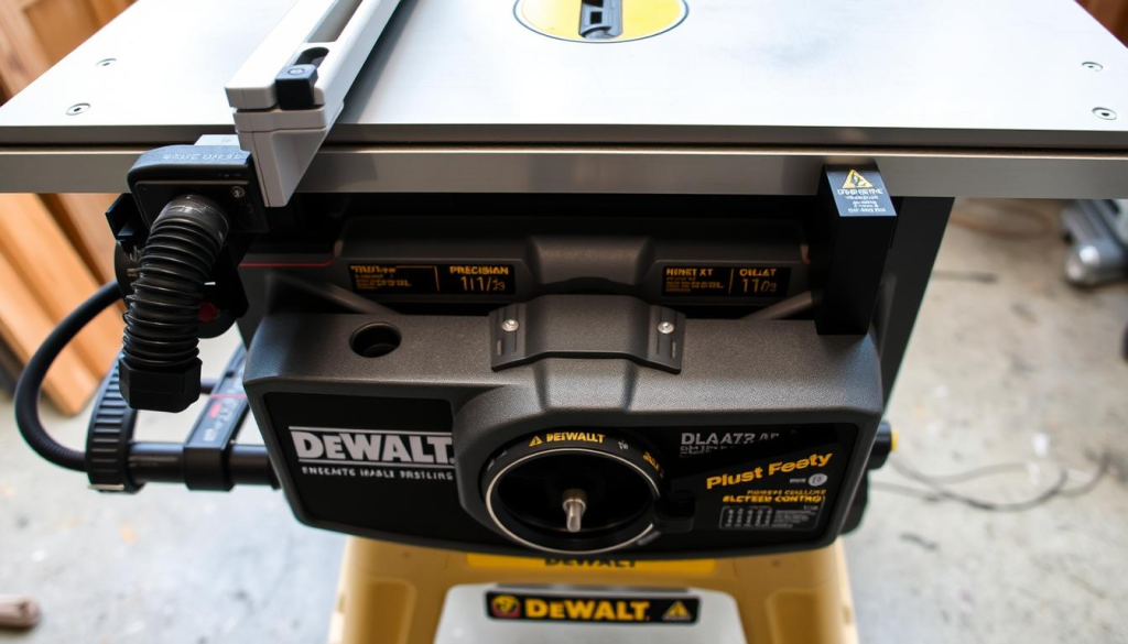 A well-lit, high-angle view of a modern DEWALT table saw, showcasing its sturdy construction and advanced features. The foreground highlights the precision blade guard, dust collection port, and rip fence, while the middle ground reveals the powerful motor and electronic speed control. The background subtly depicts the table saw's durable, industrial-grade design, conveying a sense of reliability and performance. The lighting is balanced, with a mix of natural and artificial sources, creating a clear, detailed image that emphasizes the table saw's key capabilities for professional woodworking.