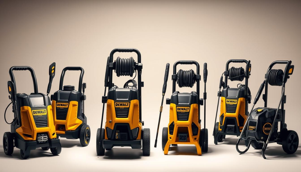 A well-lit, high-angle view of a sleek DEWALT pressure washer lineup, showcasing various models in a clean, organized arrangement. The washers are displayed against a neutral, softly-lit background, allowing their robust, professional-grade designs to take center stage. The scene exudes a sense of power, efficiency, and attention to detail - key attributes of the DEWALT brand. Crisp shadows and subtle reflections enhance the three-dimensional quality, giving the viewer a tangible sense of the washers' physicality and premium construction. The composition is balanced and visually appealing, inviting the viewer to closely examine the unique features of each model.