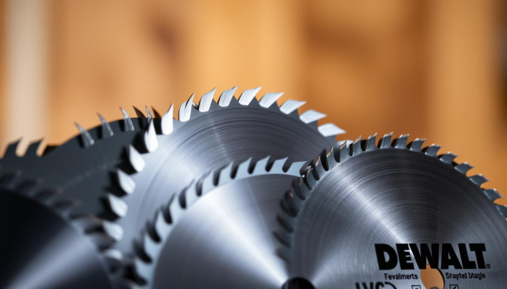 A well-lit, high-quality close-up image of several DEWALT bandsaw blades arranged in the foreground, displaying their intricate teeth, sharp edges, and robust construction. The blades are positioned to showcase their versatility and suitability for a range of woodworking tasks. The background is softly blurred, creating a sense of depth and focus on the essential accessories. The lighting is carefully crafted to highlight the blades' metallic sheen and the attention to detail in their design, conveying a sense of precision and quality associated with the DEWALT brand.