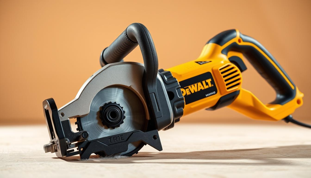 A well-lit, high-quality close-up shot of a DeWalt reciprocating saw, highlighting its essential features. The saw is positioned prominently in the center, showcasing its sturdy construction, ergonomic handle, and blade guard. The background is a clean, neutral workspace, allowing the tool's details to stand out. Bright, directional lighting from the left illuminates the saw's metallic components, revealing its power and precision. The frame is slightly angled to provide a dynamic, engaging perspective, emphasizing the saw's cutting capabilities. The overall atmosphere conveys a sense of professional-grade power and reliability.
