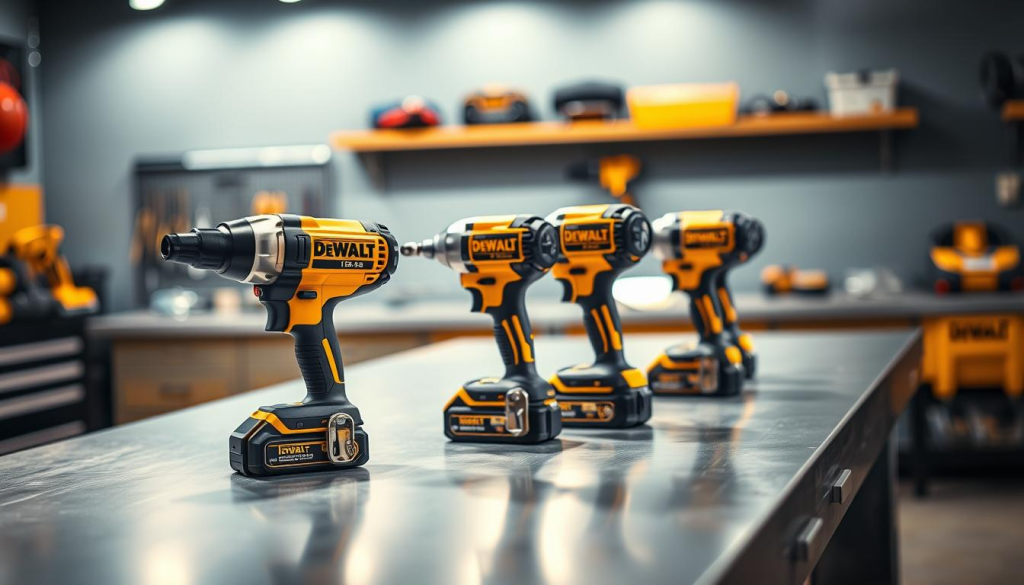A well-lit, high-quality close-up shot of several impact wrenches placed on a sleek, modern workbench. The wrenches are arranged in a visually appealing manner, showcasing their unique designs and features. The background is slightly blurred, allowing the tools to take center stage. The lighting is soft and diffused, creating a warm, inviting atmosphere that highlights the textures and details of the impact wrenches. The image conveys a sense of professionalism and attention to detail, reflecting the quality and performance of the DeWalt 1/2 Impact Wrench.