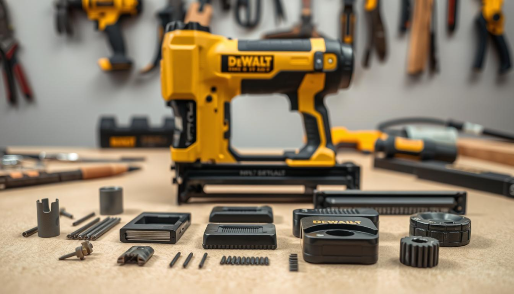 A well-lit, high-quality image of an assortment of DEWALT nail gun accessories arranged on a clean, neutral-colored surface. In the foreground, various nail gun attachments and accessories such as different sized nails, collated strips, and depth adjustment tools are neatly displayed. In the middle ground, the main DEWALT nail gun model is prominently featured, its sleek and sturdy design highlighted by the careful lighting. The background contains blurred, complementary tools and materials, suggesting a professional, workshop-like setting. The overall mood is one of precision, reliability, and the thoughtful curation of a DIY enthusiast's essential tools.