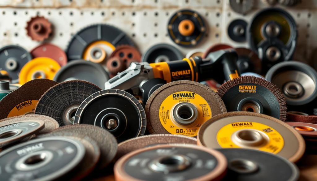 A well-lit, high-quality image showcasing an assortment of DEWALT grinder accessories. In the foreground, various grinding discs, flap discs, and abrasive wheels are neatly arranged, their specifications and uses clearly visible. In the middle ground, a DEWALT angle grinder stands prominently, its sleek and durable design evident. Behind it, a selection of cutting and grinding accessories, such as wire wheels and cup brushes, are displayed. The image is captured from a slightly elevated angle, providing a comprehensive view of the DEWALT grinder ecosystem. The overall scene conveys a sense of power, precision, and the comprehensive solution DEWALT offers for all your grinding needs.