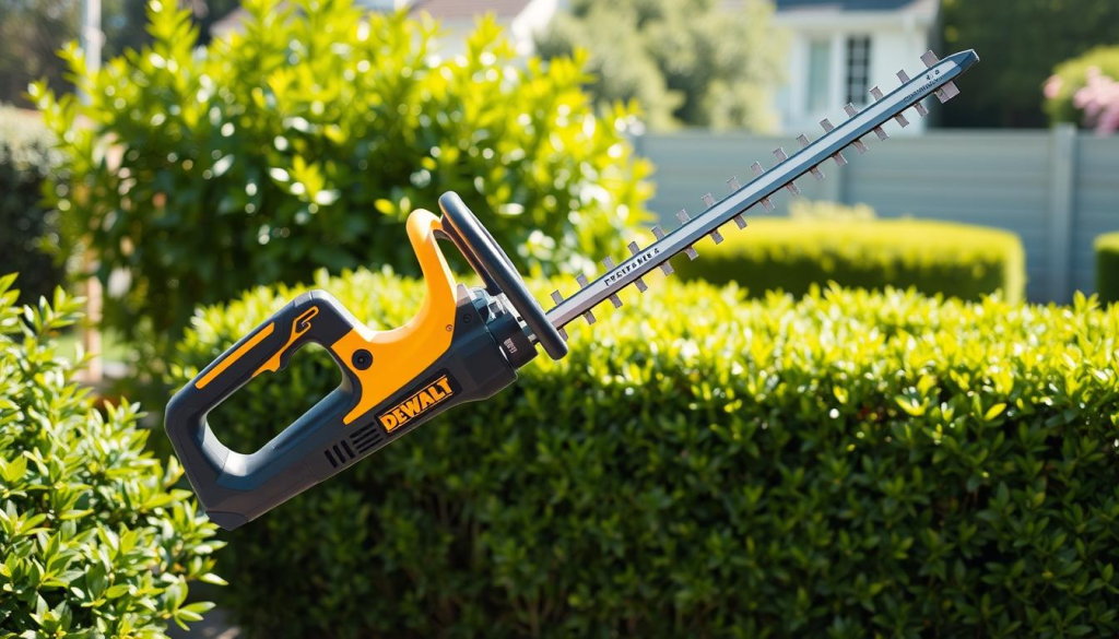 A well-lit, high-quality photograph of a DEWALT hedge trimmer prominently displayed in the foreground, showcasing its sleek design, powerful blade, and ergonomic handle. In the middle ground, lush green foliage and a neatly trimmed hedge, highlighting the trimmer's efficient performance. The background features a serene, natural setting, such as a well-manicured garden or a peaceful suburban backyard, conveying a sense of tranquility and the benefits of using a reliable DEWALT hedge trimmer. The image should be captured from a slightly elevated angle, emphasizing the trimmer's sturdy construction and the ease of use it provides for the user.
