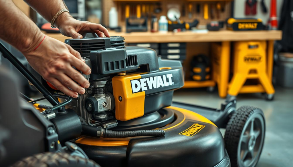 A well-lit, high-quality photograph of a DEWALT lawn mower undergoing routine maintenance. The foreground features the mower's engine, air filter, and spark plug, with the mechanic's hands carefully inspecting and cleaning each component. The middle ground showcases the mower's deck, blades, and wheels, all in pristine condition. In the background, a neatly organized workbench with DEWALT tools and supplies creates a professional, workshop-like atmosphere. The lighting is natural, with soft shadows and highlights emphasizing the details of the mower and maintenance process. The overall mood is one of diligence, precision, and the reliable performance that DEWALT lawn mowers are known for.