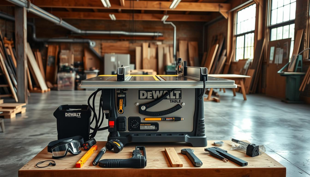 A well-lit, high-quality photograph of a DEWALT table saw setup in a professional woodworking workshop. The table saw is positioned prominently in the center of the frame, with a clean, organized workspace surrounding it. The saw features a sturdy, stainless steel table top and precision blade guards. In the foreground, various accessories and tools are neatly arranged, including a miter gauge, push stick, and safety goggles. The middle ground showcases the saw's powerful 15-amp motor and adjustable fence system. The background depicts a spacious workshop with concrete floors, exposed beams, and natural light filtering in through large windows, creating a warm, productive atmosphere.