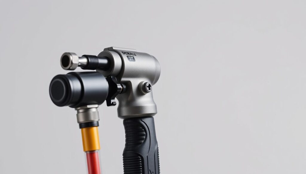 A well-lit, high-quality photograph of a professional Dewalt grease gun in the foreground, showcasing its sturdy metal construction, ergonomic design, and precision controls. The grease gun is positioned against a clean, neutral background, allowing the product to be the central focus. The lighting is set to highlight the tool's contours and metallic finish, creating a sense of quality and durability. The camera angle is slightly elevated, providing a clear and unobstructed view of the grease gun's key features, including the trigger, hose, and grease cartridge compartment. The overall mood is one of confidence and reliability, reflecting the trusted Dewalt brand and the product's suitability for heavy-duty industrial and automotive applications.