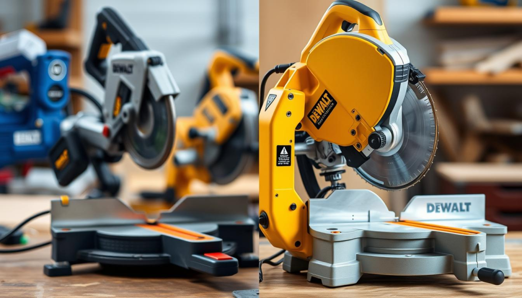 A well-lit, high-quality photograph showcasing a side-by-side comparison of a DEWALT miter saw and its closest competitors. The DEWALT saw should be prominently displayed in the foreground, with the other saws slightly blurred in the background. The image should capture the precision, power, and overall quality of the DEWALT saw, highlighting its key features and advantages over the competition. Use a shallow depth of field to focus the viewer's attention on the DEWALT saw. Capture the saws from a slightly elevated angle to create a sense of authority and expertise. The overall mood should be professional, technical, and informative, conveying the reliability and superiority of the DEWALT miter saw.