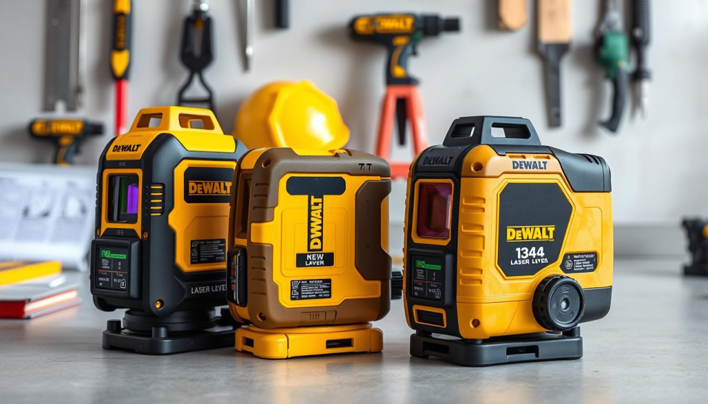A well-lit, high-quality photograph showcasing a side-by-side comparison of different DEWALT laser level models. The foreground features the laser levels prominently displayed on a clean, neutral-colored surface, with their key features and specifications clearly visible. The middle ground includes various construction tools and accessories to provide context. The background softly blurs, maintaining focus on the laser levels. The lighting is natural and even, highlighting the sleek, professional design of the DEWALT tools. The overall mood is one of precision, reliability, and the versatility of these essential construction tools.