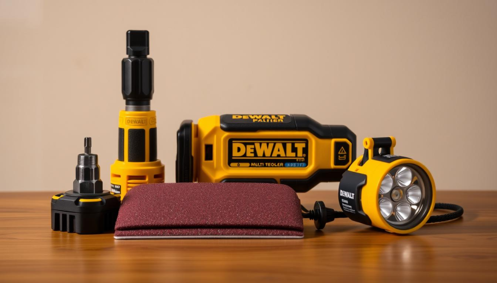 A well-lit, high-quality still life photograph of a selection of DEWALT multi-tool accessories, neatly arranged on a wooden table. The accessories include a magnetic bit holder, a precision scraper, a sanding pad, and a detachable LED work light, all in DEWALT's signature yellow and black color scheme. The lighting is soft and diffused, creating a warm, inviting atmosphere. The camera angle is slightly elevated, providing a clear, unobstructed view of the tools. The background is simple, with a neutral, textured surface to allow the DEWALT accessories to be the focal point of the image.