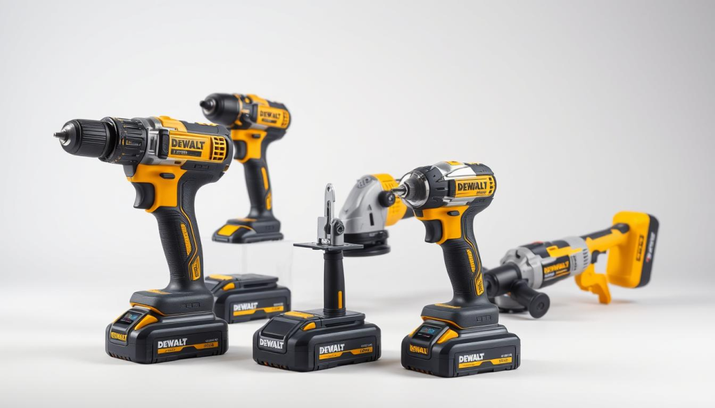 A well-lit, high-quality studio photograph of a DEWALT cordless power tool set, featuring a collection of essential tools including a drill, impact driver, reciprocating saw, and angle grinder, arranged neatly on a clean, neutral-colored background. The tools have a sleek, professional appearance with a metallic finish and the iconic DEWALT yellow accents. The composition showcases the tools in a way that highlights their compact, ergonomic design and the versatility of the set, emphasizing the key features that make it a reliable choice for DIY projects.