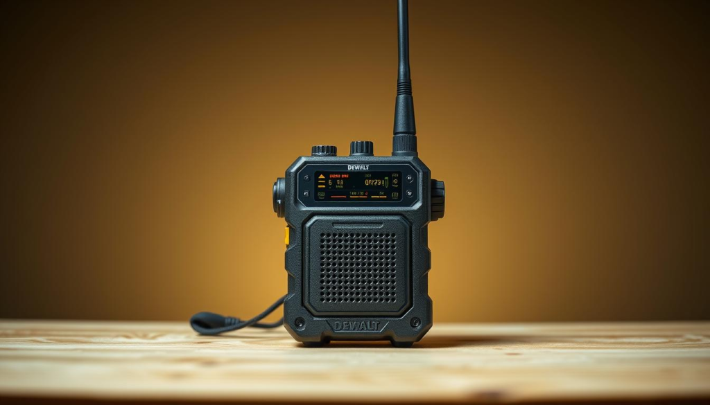 A well-lit, high-quality studio photograph of a DeWalt radio placed on a wooden workbench against a neutral background. The radio is centered in the frame, showcasing its sleek, rugged design with clearly visible buttons, knobs, and speaker grille. Soft, diffused lighting from multiple angles highlights the radio's details and brings out its rich, vibrant colors. The depth of field is shallow, keeping the radio in sharp focus while blurring the background to create a clean, professional-looking image. The overall mood is one of quality, durability, and functionality, reflecting the real-world experiences of customers using this DeWalt work radio.