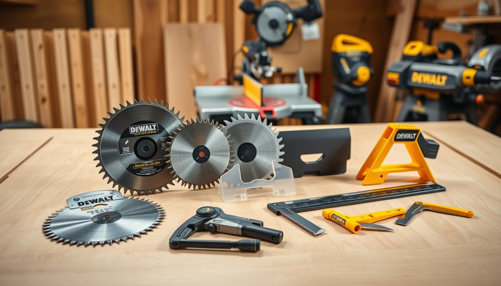 A well-lit, high-quality studio photograph of a variety of DEWALT table saw accessories arranged on a clean, wood-grained surface. The foreground features a set of high-precision saw blades, a miter gauge, and a push stick, all displaying the iconic DEWALT branding. The middle ground showcases a dust collection port, a blade guard, and a riving knife, highlighting the safety and convenience features. In the background, a fence, a miter saw, and other DEWALT power tools create a cohesive woodworking workshop setting. The lighting is soft and diffused, accentuating the professional-grade materials and sleek design of the accessories. The overall composition is balanced and visually appealing, showcasing the diverse range of DEWALT table saw accessories.