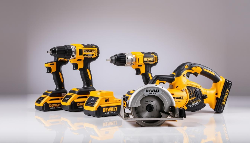 A well-lit, high-quality studio photograph of an assortment of DEWALT 20V power tools including a drill, impact driver, circular saw, and reciprocating saw, all arranged on a clean, reflective surface. The tools have a sleek, modern design with the distinctive DEWALT yellow and black color scheme. The image should showcase the versatility and reliability of the DEWALT 20V lineup, capturing the tools in a visually striking and professional manner that aligns with the "DEWALT 20V Tools: The Complete Lineup" section of the article.