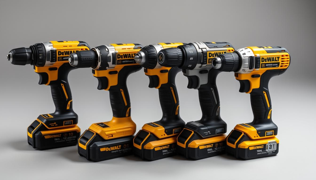 A well-lit, high-quality studio shot of a side-by-side comparison of several DeWalt cordless drills, including their flagship models. The drills are arranged on a clean, neutral-colored surface, showcasing their distinct designs, battery sizes, and features. The lighting accentuates the sleek, sturdy construction and high-quality materials of the tools. The image conveys a sense of professionalism and attention to detail, highlighting the key differences between the DeWalt drills and establishing their position as premium power tools. The overall composition is balanced and visually appealing, drawing the viewer's attention to the products.