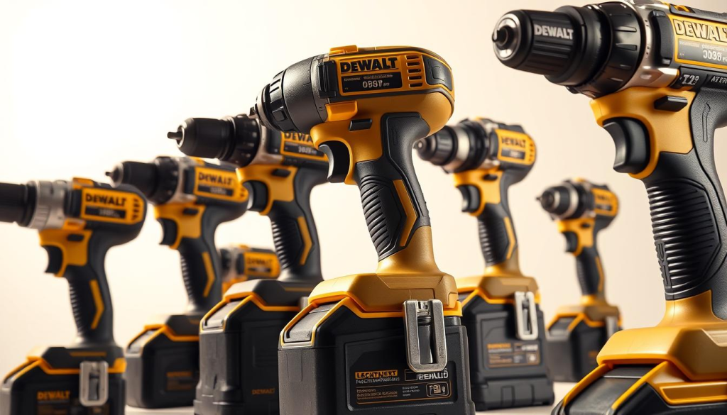 A well-lit, high-quality studio shot of an assortment of DEWALT power drills in the foreground, showcasing their sleek and durable design. The drills are arranged in a visually appealing composition, with a focus on the distinctive DEWALT logo and branding. The middle ground features a clean, neutral background that allows the power tools to take center stage. Soft, directional lighting casts subtle shadows, highlighting the textures and contours of the drills. The overall mood is one of professional competence and reliability, reflecting the high-quality standards of the DEWALT brand.