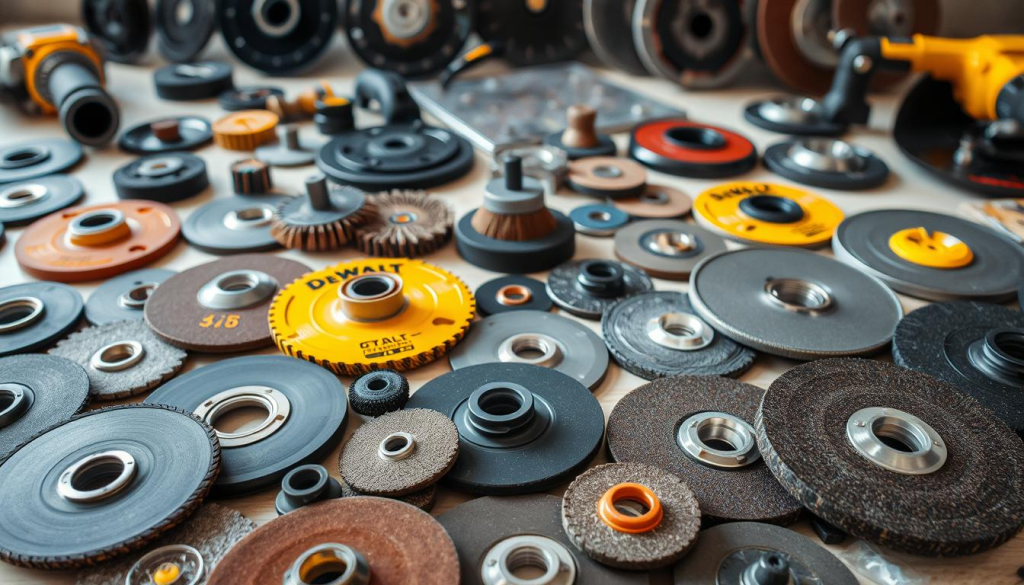 A well-lit, high-resolution close-up shot of a variety of DeWalt angle grinder accessories laid out on a clean, neutral-colored surface. In the foreground, various grinding discs, flap discs, and cutting wheels of different sizes and grits. In the middle ground, wire brushes, sanding pads, and polishing bonnets. In the background, specialized grinding and cutting accessories like diamond discs and cup wheels. The accessories are arranged neatly and strategically to showcase their diversity and functionality. The lighting is soft and diffused, highlighting the textures and details of the tools. The overall composition is balanced and visually appealing, conveying the versatility and high-quality craftsmanship of the DeWalt angle grinder accessories.