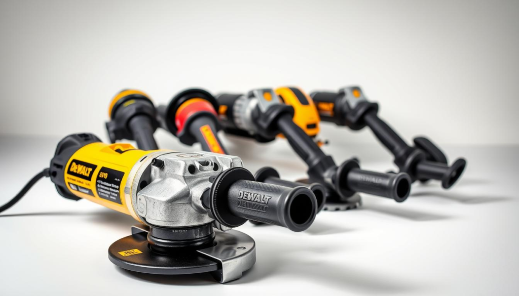 A well-lit, high-resolution comparison of a DeWalt angle grinder alongside several competitor models. The DeWalt grinder is prominently displayed in the foreground, with its powerful motor, sturdy metal casing, and ergonomic grip clearly visible. The competitor grinders are arranged neatly in the middle ground, allowing for a side-by-side visual comparison of their key features and design elements. The background is a clean, uncluttered workspace, emphasizing the technical nature of the comparison. Soft, directional lighting accentuates the metallic textures and highlights the nuanced differences between the grinders. The overall composition conveys a sense of professional, objective evaluation, suitable for inclusion in a product review article.