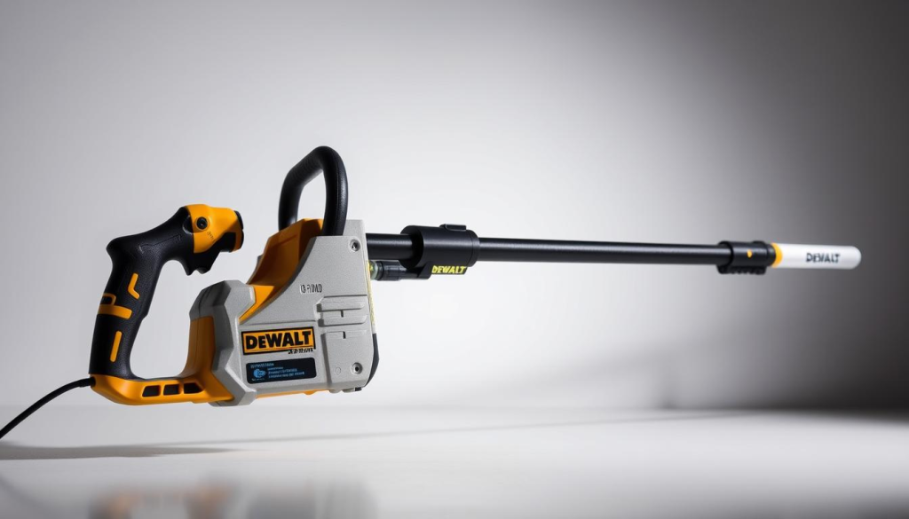 A well-lit, high-resolution image of DEWALT's pole saw, showcasing its robust construction and sleek design. The saw is prominently displayed in the foreground, with a clean, uncluttered background highlighting its key features. The lighting casts subtle shadows, emphasizing the tool's solid build quality. The angle captures the saw from a user's perspective, conveying a sense of scale and the saw's practical application. The overall mood is professional and informative, reflecting the customer reviews and feedback that the image will accompany.