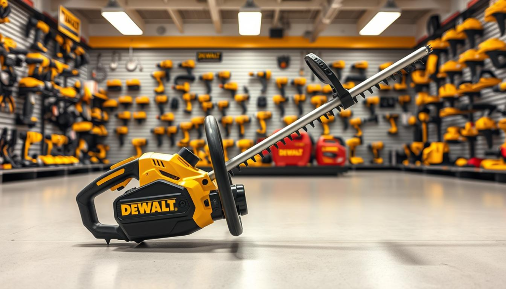 A well-lit, high-resolution image of a DEWALT hedge trimmer prominently displayed in the foreground, showcasing its sleek black and yellow design. In the middle ground, various retail shelves stocked with a variety of DEWALT power tools, creating a sense of a hardware store setting. The background features a clean, bright environment with subtle shadows and highlights to accentuate the product's features. The overall mood is one of professionalism, quality, and consumer-readiness, inviting the viewer to consider purchasing this DEWALT hedge trimmer for their yard work needs.