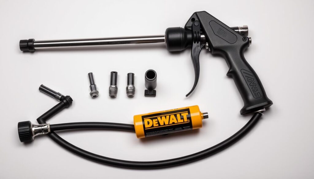 A well-lit, high-resolution image of a collection of Dewalt grease gun accessories, including a high-pressure grease gun, a flexible hose, various nozzle attachments, and a grease cartridge. The accessories are arranged on a clean, neutral-colored background, showcasing their sleek, durable design and attention to detail. The lighting is directional, creating subtle shadows that accentuate the textures and contours of the tools. The composition is balanced, with the main elements occupying the center of the frame, allowing the viewer to focus on the essential components of a Dewalt grease gun setup.
