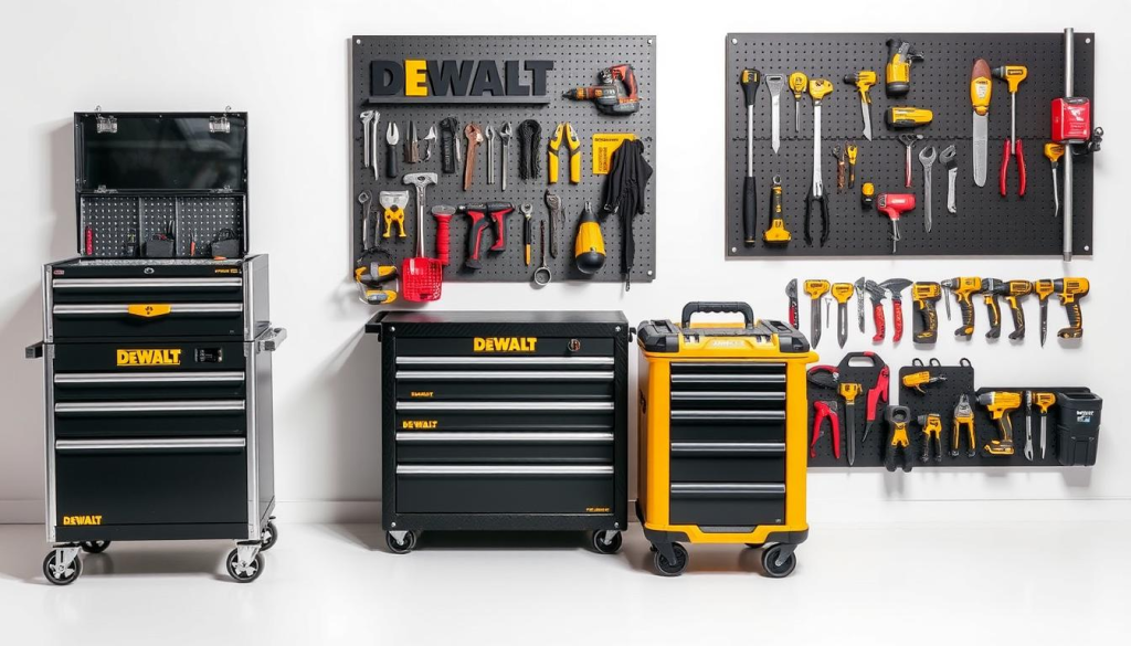 A well-lit, high-resolution image of an assortment of DEWALT tool storage solutions, including a sturdy metal toolbox, a rolling tool chest, and a wall-mounted pegboard system with various hand tools neatly organized. The image showcases the versatility and durability of DEWALT's storage solutions, designed to keep a professional's hand tools and accessories safely and efficiently stored, while highlighting the brand's commitment to quality and practical workspace organization. The composition emphasizes the clean, industrial aesthetic of the DEWALT brand, with a focus on the tools and storage units themselves against a plain, neutral background.