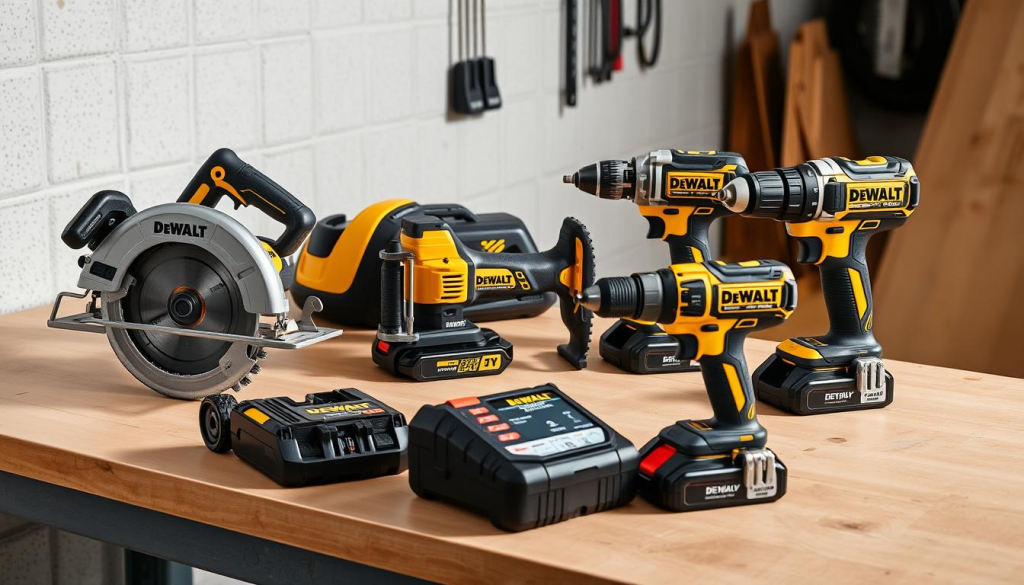 A well-lit, high-resolution image of an assortment of DeWalt 20V cordless power tools, including a circular saw, jigsaw, impact driver, and drill, arranged on a clean, industrial-style workbench. The tools are showcased in a way that highlights their sleek, modern design and robust construction, with a focus on the brushless motors, lithium-ion batteries, and other advanced features that make them versatile and reliable for cutting and sawing tasks. The image has a neutral, professional tone, with a slight angle to provide depth and perspective, and subtle shadows and highlights to accentuate the tools' details and textures.