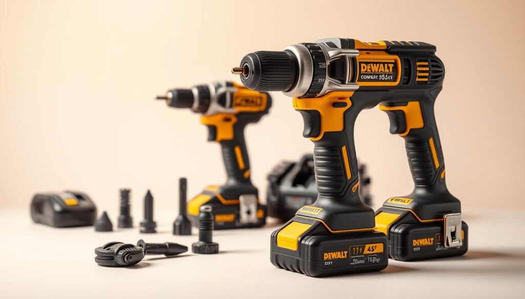 A well-lit, high-resolution photograph of a DEWALT compact drill set in the foreground, showcasing its compact design, robust construction, and various attachments. The drill set is arranged on a clean, minimalist background, allowing the product to be the focal point. The lighting is warm and natural, accentuating the tool's metallic finishes and textured grip. The angle is slightly elevated, providing a clear, unobstructed view of the complete drill set, including the battery, charger, and any additional accessories. The overall mood is professional, emphasizing the tool's quality, power, and versatility.