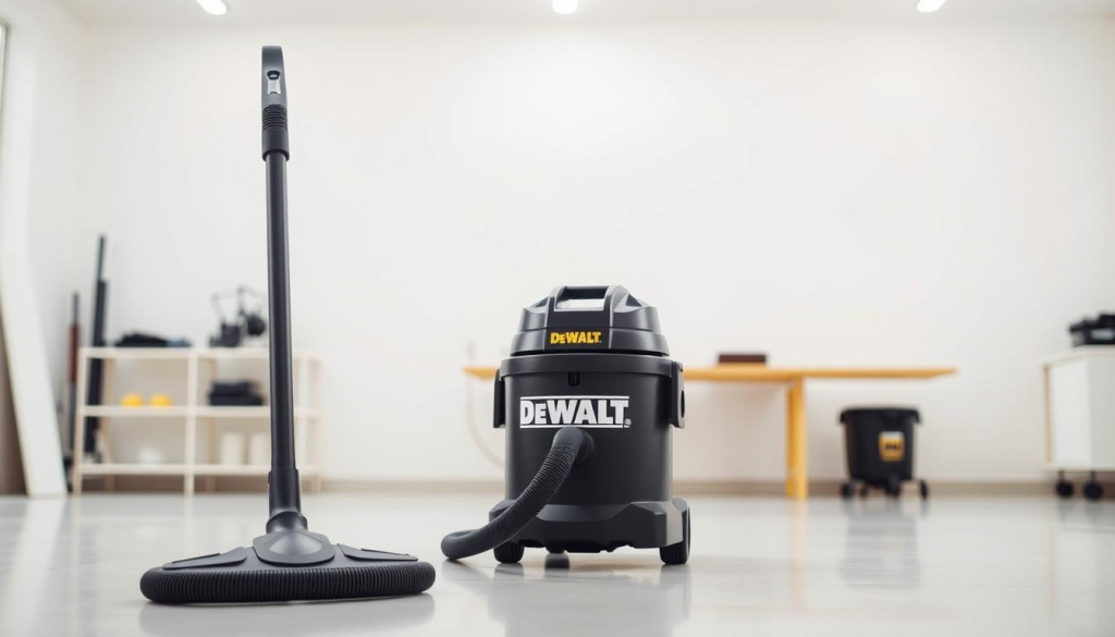 A well-lit, high-resolution photograph of a DEWALT shop vacuum cleaner in a modern, minimalist workspace. The vacuum is placed in the foreground, with a clean, white background. The image has a warm, inviting tone, highlighting the sleek, black design of the DEWALT vacuum. The lighting is soft and diffused, creating a pleasant, shadow-free environment. The camera angle is slightly elevated, showcasing the vacuum's form and emphasizing its quality craftsmanship. The overall scene conveys a sense of efficiency, reliability, and customer satisfaction, aligning with the article's subject and section title.