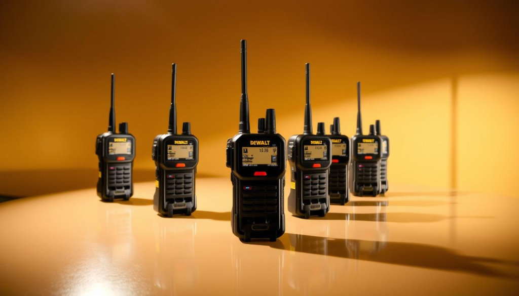 A well-lit product display showcase featuring the latest DEWALT radio models arranged neatly on a clean, reflective surface. The radios are positioned at an angle, showcasing their sleek designs and intuitive control panels. The scene is bathed in warm, directional lighting that casts subtle shadows, emphasizing the textures and contours of the devices. The background is a simple, neutral tone that allows the radios to take center stage. The overall composition creates a professional, informative atmosphere suitable for an article on upgrading workday tools.