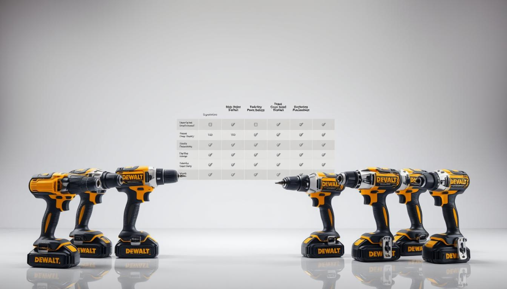 A well-lit, professional-grade photo studio setting showcasing an array of DEWALT power drills in the foreground. The drills are arranged neatly on a clean, reflective surface, highlighting their sleek, modern designs and durable construction. The middle ground features a subtle, yet informative product comparison, with key specifications and features of each model displayed in a clean, minimal infographic. The background is a simple, neutral backdrop that allows the drills to take center stage, conveying a sense of precision, reliability, and attention to detail that embodies the DEWALT brand.